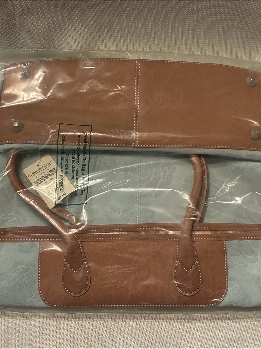 Brand New Factory Sealed Coldwater Creek Light Blue Tote with Tan Trim